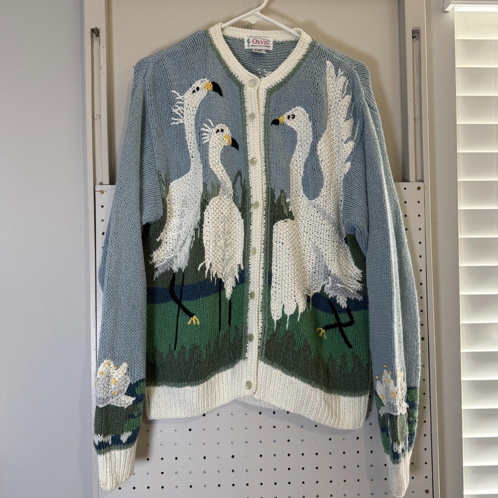 Orvis Cardigan Womens Large Gray Egrets Print Knit Snap Long Sleeve Cozy Sweater